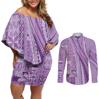 Pasifika Women's Day - Samoa Siapo Malu Tattoo Inspired Couples Matching Off Shoulder Short Dress and Long Sleeve Button Shirt Lavender LT7 Lavender - Polynesian Pride
