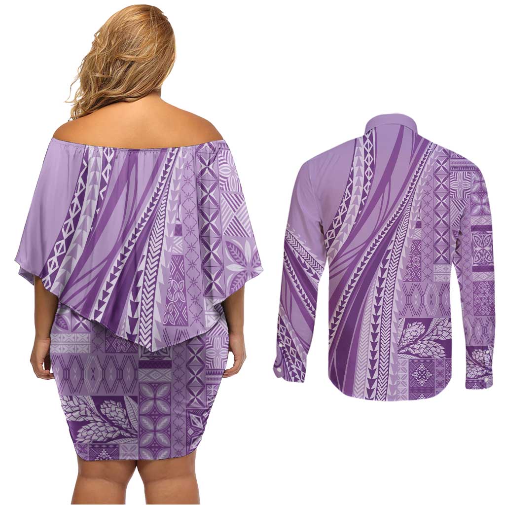 Pasifika Women's Day - Samoa Siapo Malu Tattoo Inspired Couples Matching Off Shoulder Short Dress and Long Sleeve Button Shirt Lavender LT7 - Polynesian Pride