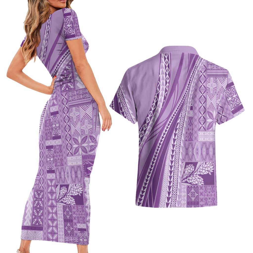 Pasifika Women's Day - Samoa Siapo Malu Tattoo Inspired Couples Matching Short Sleeve Bodycon Dress and Hawaiian Shirt Lavender LT7 - Polynesian Pride