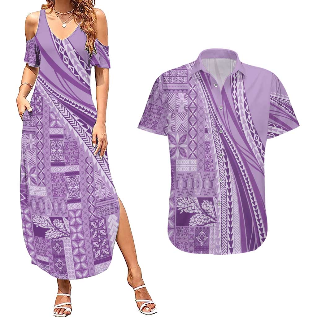Pasifika Women's Day - Samoa Siapo Malu Tattoo Inspired Couples Matching Summer Maxi Dress and Hawaiian Shirt Lavender