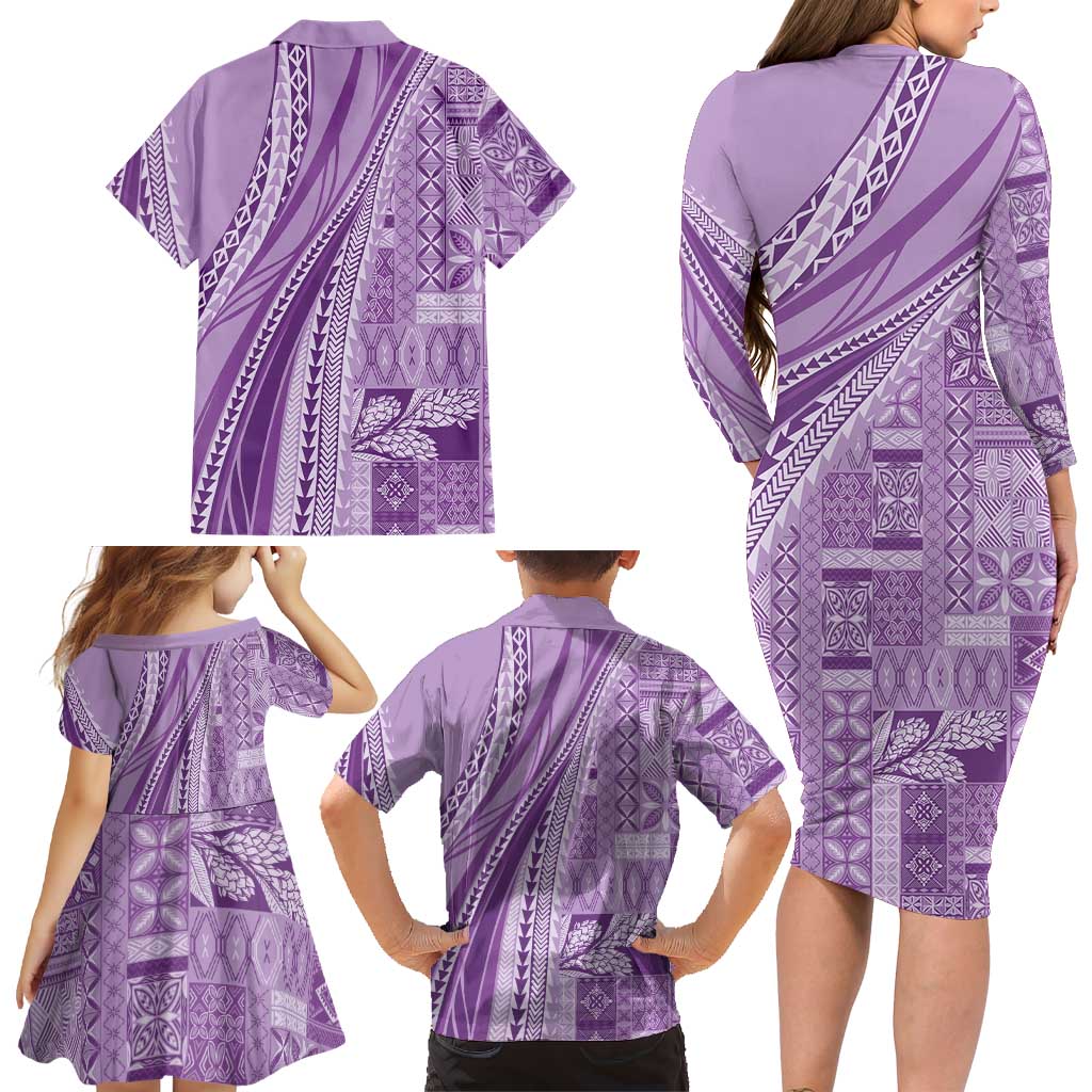 Pasifika Women's Day - Samoa Siapo Malu Tattoo Inspired Family Matching Long Sleeve Bodycon Dress and Hawaiian Shirt Lavender