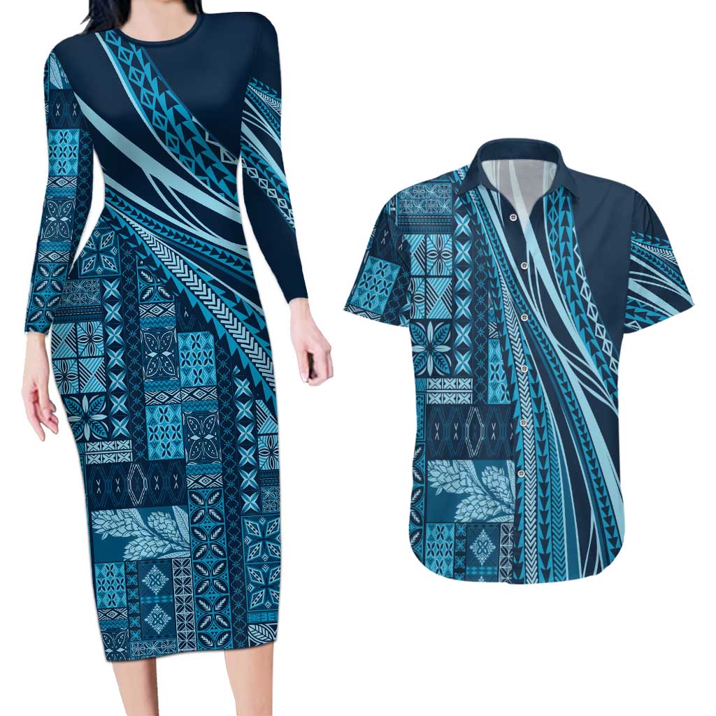 Pasifika Women's Day - Samoa Siapo Malu Tattoo Inspired Couples Matching Long Sleeve Bodycon Dress and Hawaiian Shirt Navy Blue LT7 Navy Blue - Polynesian Pride
