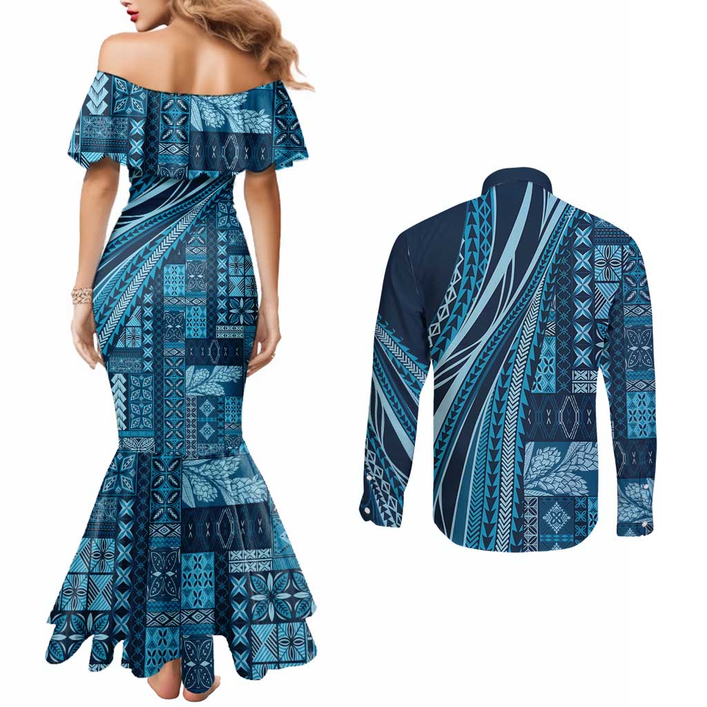 Pasifika Women's Day - Samoa Siapo Malu Tattoo Inspired Couples Matching Mermaid Dress and Long Sleeve Button Shirt Navy Blue LT7 - Polynesian Pride