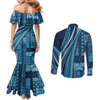 Pasifika Women's Day - Samoa Siapo Malu Tattoo Inspired Couples Matching Mermaid Dress and Long Sleeve Button Shirt Navy Blue LT7 - Polynesian Pride