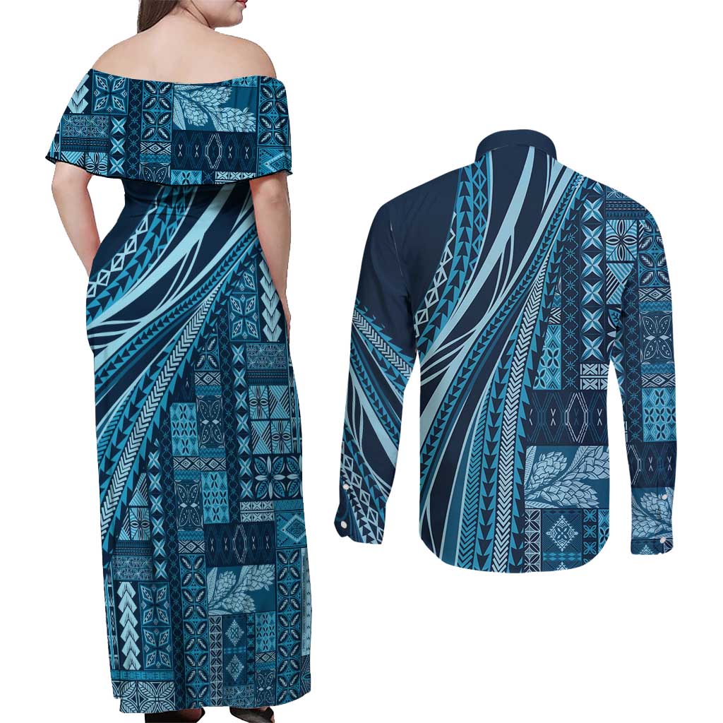 Pasifika Women's Day - Samoa Siapo Malu Tattoo Inspired Couples Matching Off Shoulder Maxi Dress and Long Sleeve Button Shirt Navy Blue LT7 - Polynesian Pride