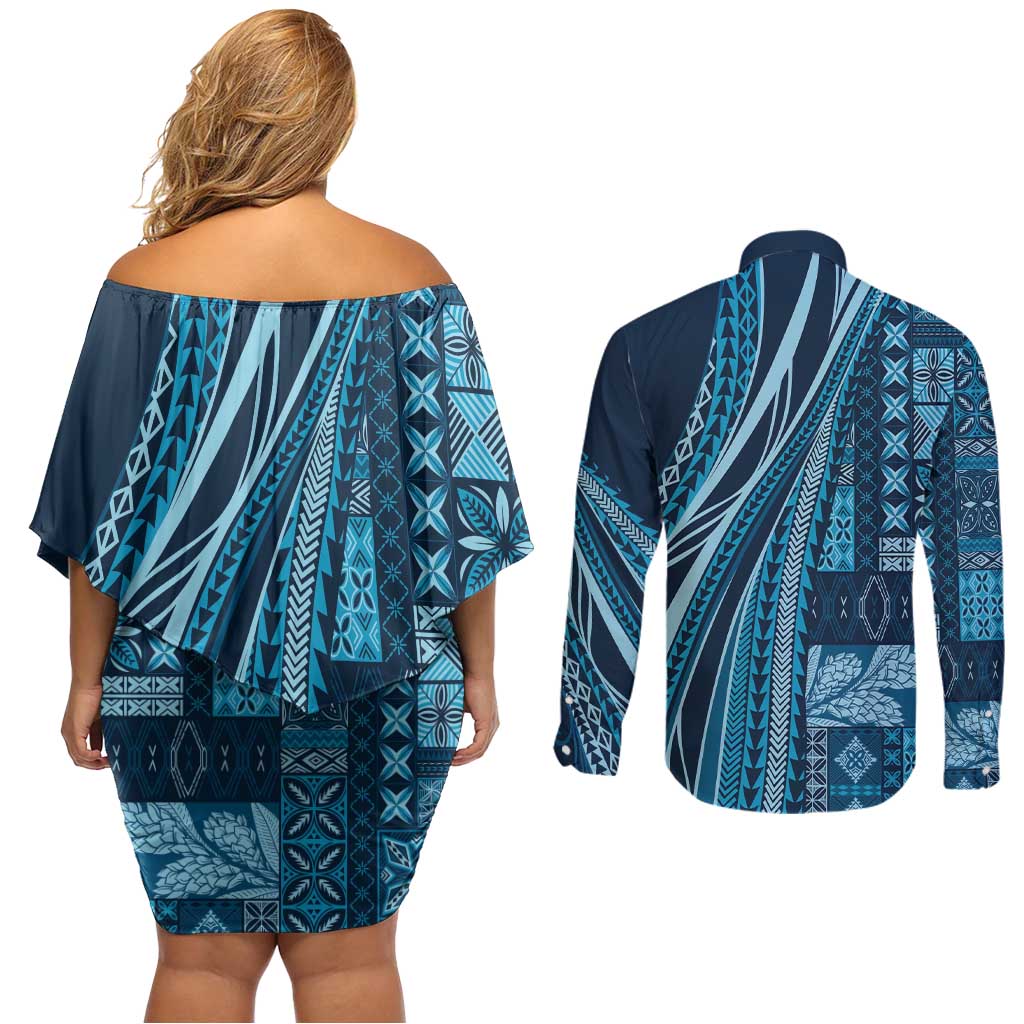 Pasifika Women's Day - Samoa Siapo Malu Tattoo Inspired Couples Matching Off Shoulder Short Dress and Long Sleeve Button Shirt Navy Blue LT7 - Polynesian Pride