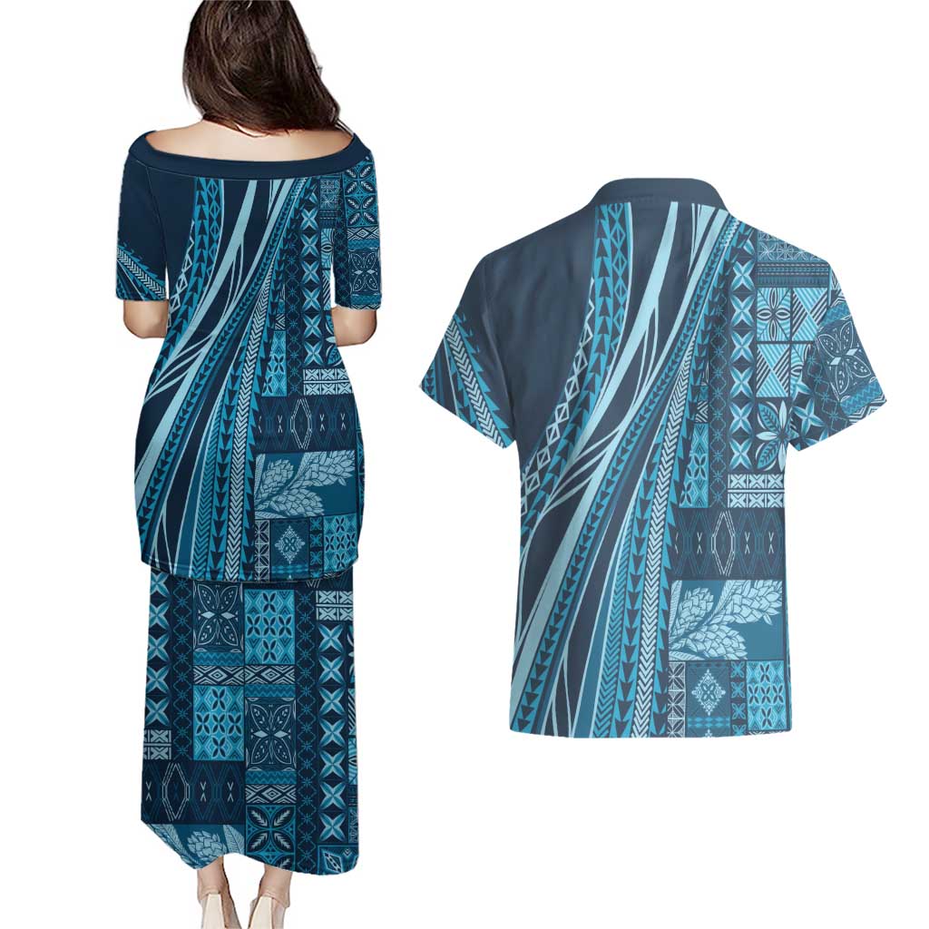 Pasifika Women's Day - Samoa Siapo Malu Tattoo Inspired Couples Matching Puletasi and Hawaiian Shirt Navy Blue LT7 - Polynesian Pride