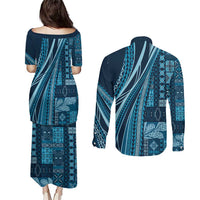 Pasifika Women's Day - Samoa Siapo Malu Tattoo Inspired Couples Matching Puletasi and Long Sleeve Button Shirt Navy Blue