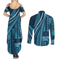 Pasifika Women's Day - Samoa Siapo Malu Tattoo Inspired Couples Matching Summer Maxi Dress and Long Sleeve Button Shirt Navy Blue LT7 - Polynesian Pride