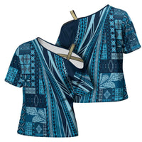 Pasifika Women's Day - Samoa Siapo Malu Tattoo Inspired Cross Shoulder Shirt Navy Blue