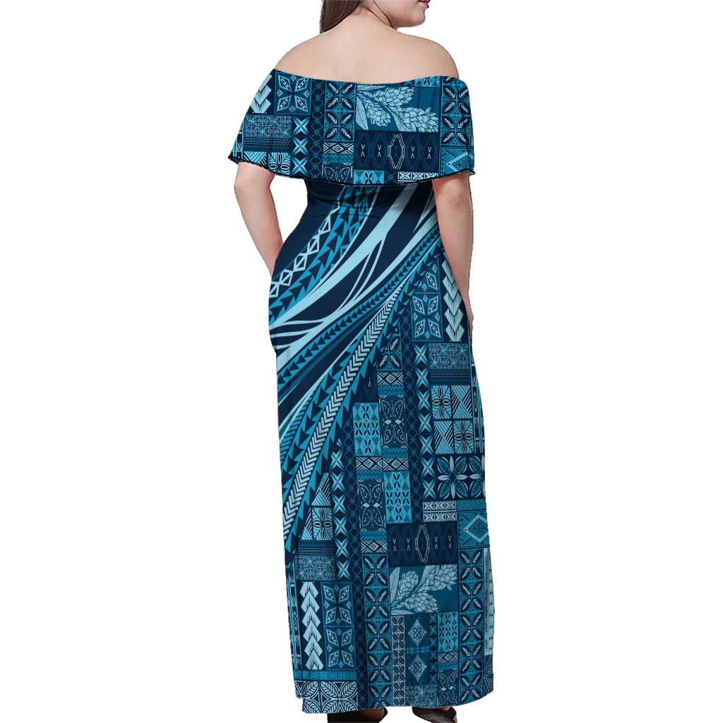 Pasifika Women's Day - Samoa Siapo Malu Tattoo Inspired Family Matching Off Shoulder Maxi Dress and Hawaiian Shirt Navy Blue