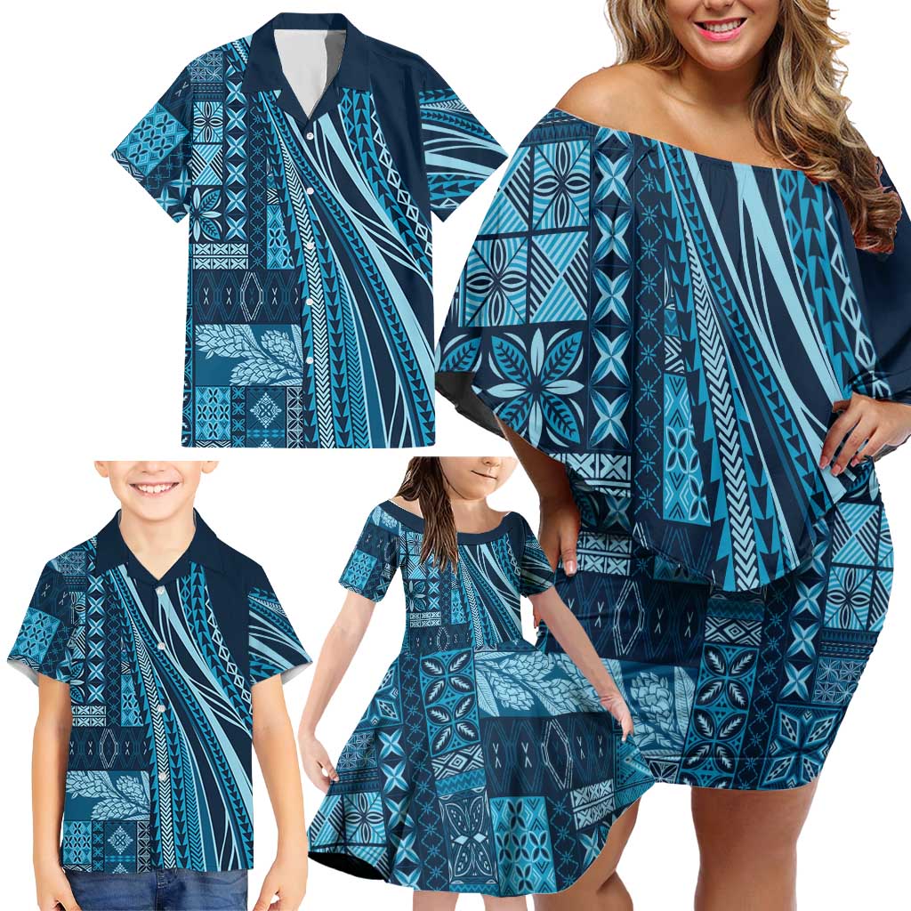 Pasifika Women's Day - Samoa Siapo Malu Tattoo Inspired Family Matching Off Shoulder Short Dress and Hawaiian Shirt Navy Blue