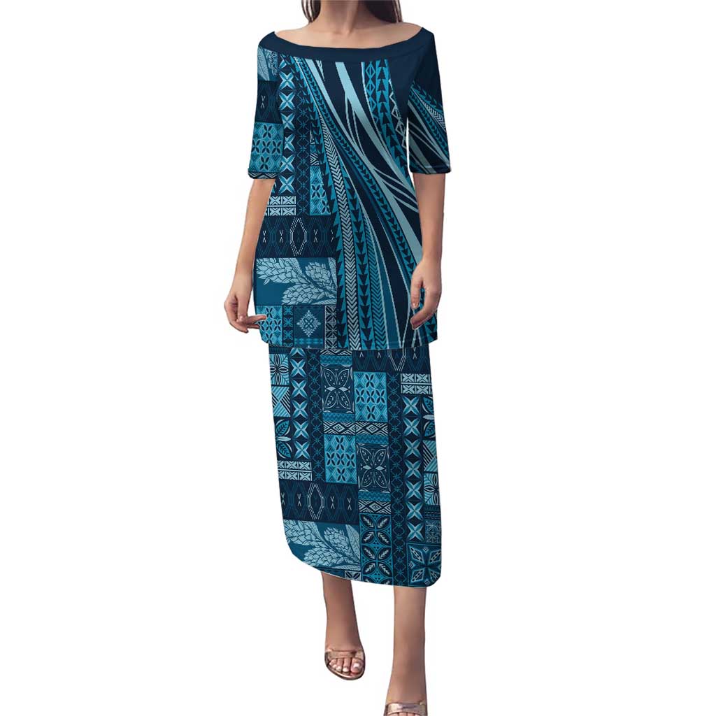 Pasifika Women's Day - Samoa Siapo Malu Tattoo Inspired Family Matching Puletasi and Hawaiian Shirt Navy Blue LT7 Mom's Dress Navy Blue - Polynesian Pride