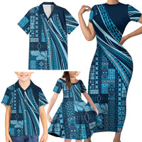Pasifika Women's Day - Samoa Siapo Malu Tattoo Inspired Family Matching Short Sleeve Bodycon Dress and Hawaiian Shirt Navy Blue