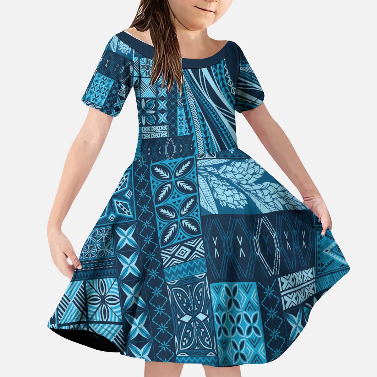 Pasifika Women's Day - Samoa Siapo Malu Tattoo Inspired Kid Short Sleeve Dress Navy Blue LT7 KID Navy Blue - Polynesian Pride