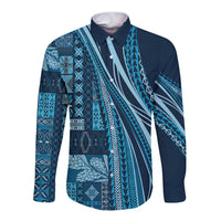 Pasifika Women's Day - Samoa Siapo Malu Tattoo Inspired Long Sleeve Button Shirt Navy Blue