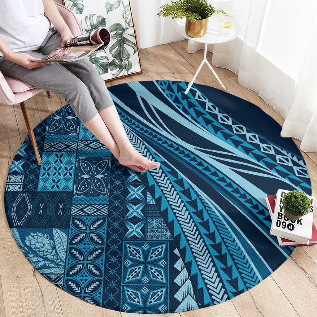 Pasifika Women's Day - Samoa Siapo Malu Tattoo Inspired Round Carpet Navy Blue