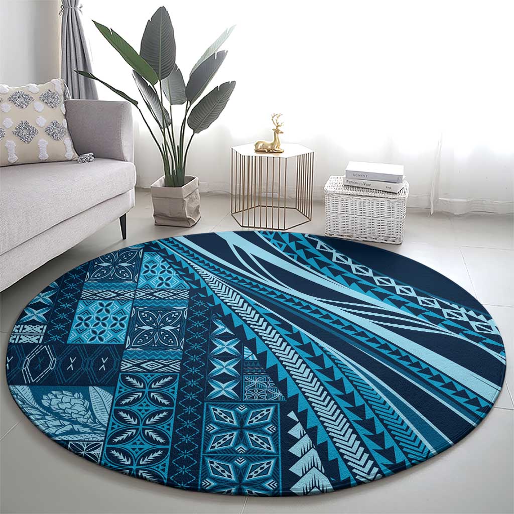 Pasifika Women's Day - Samoa Siapo Malu Tattoo Inspired Round Carpet Navy Blue