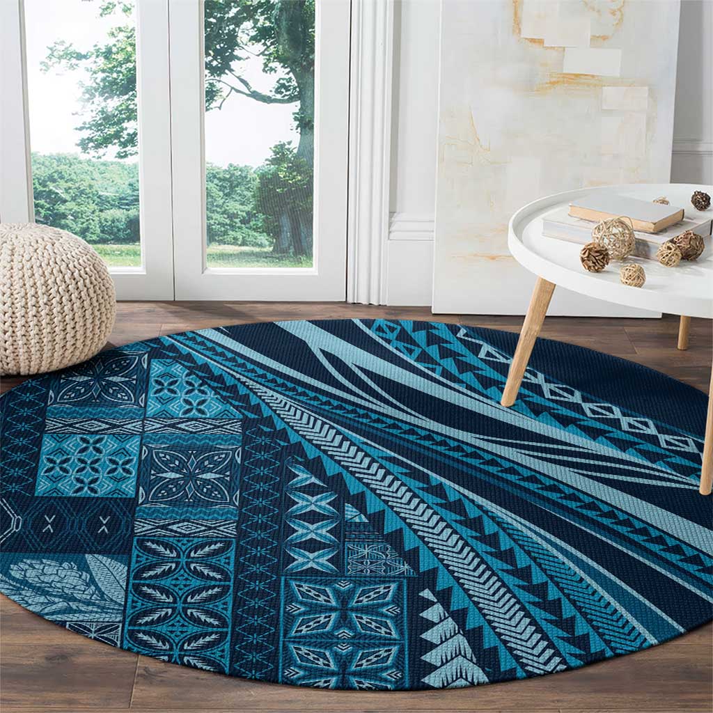 Pasifika Women's Day - Samoa Siapo Malu Tattoo Inspired Round Carpet Navy Blue