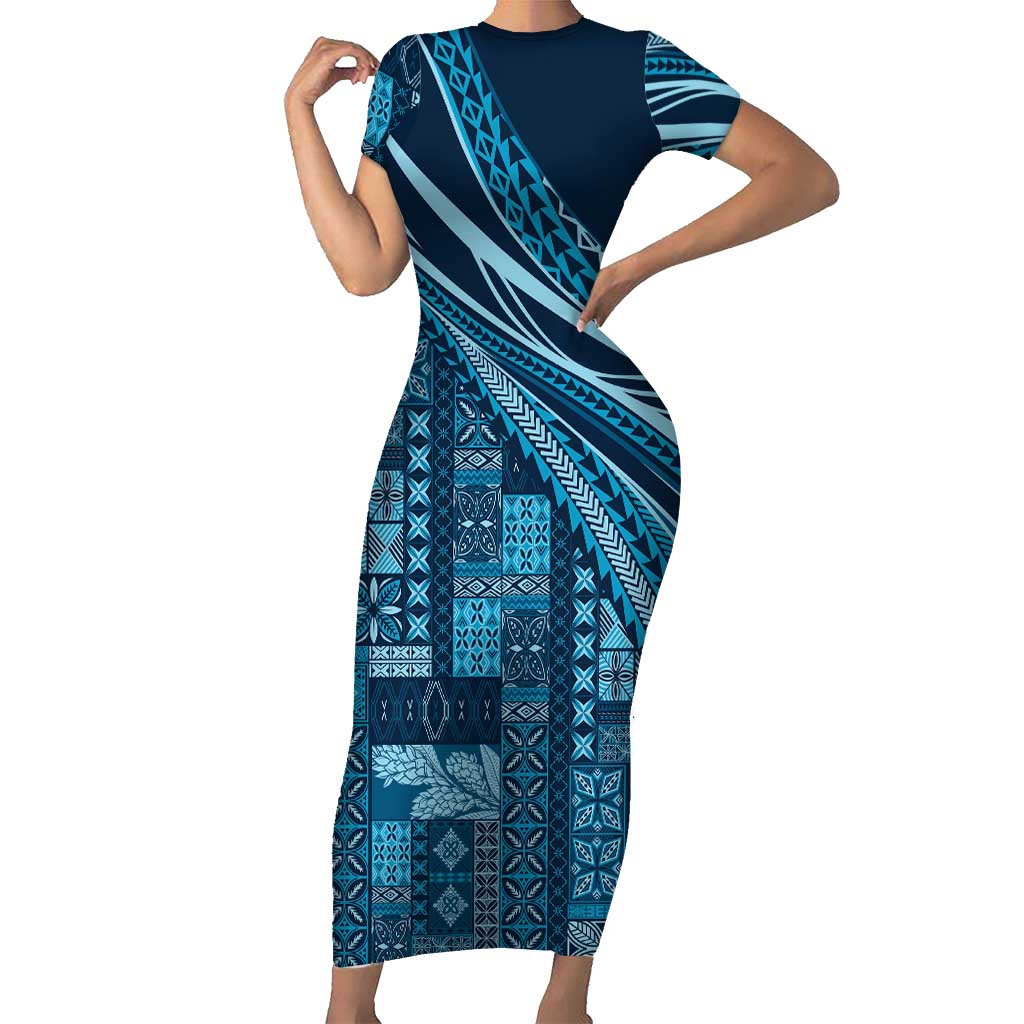 Pasifika Women's Day - Samoa Siapo Malu Tattoo Inspired Short Sleeve Bodycon Dress Navy Blue