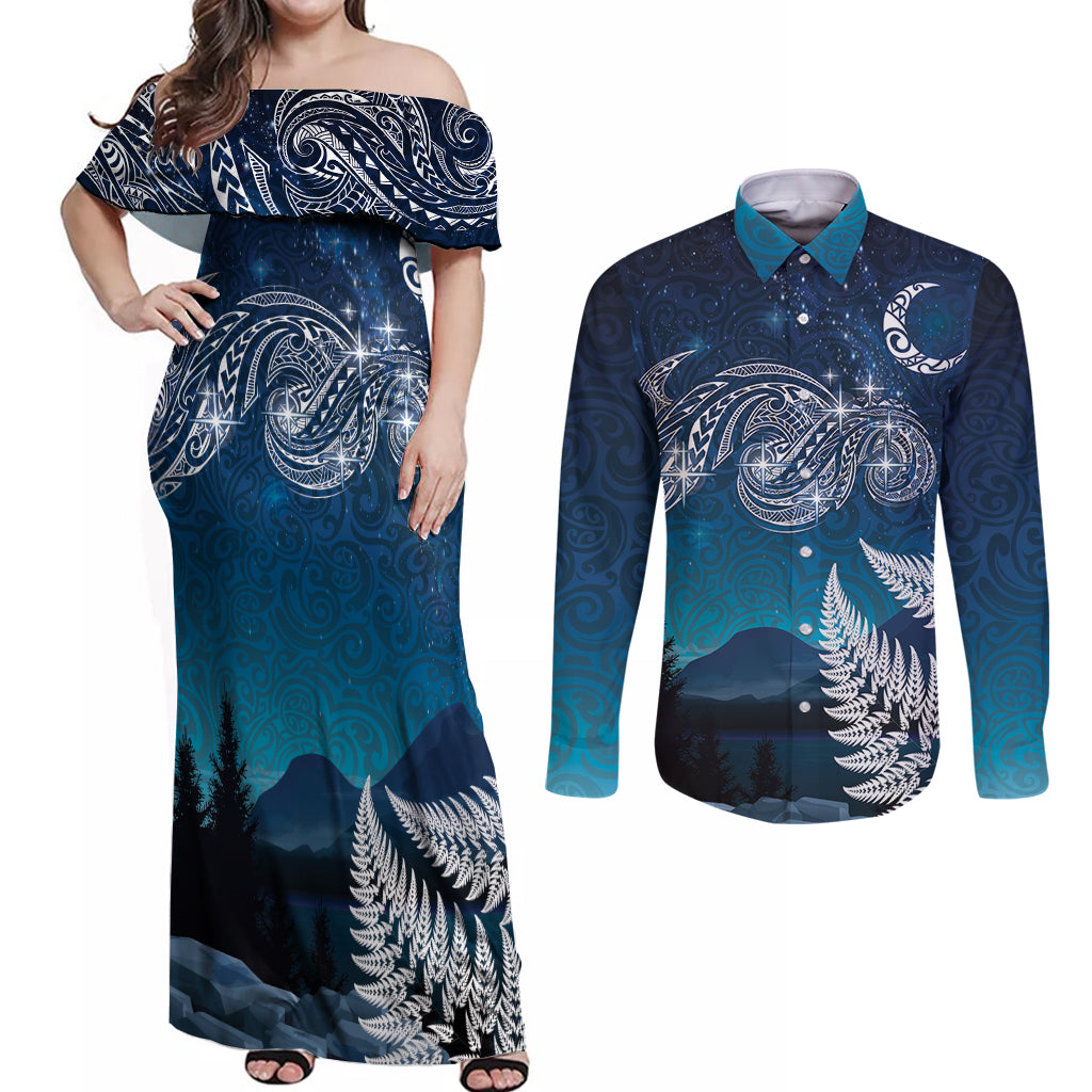 New Zealand Matariki Couples Matching Off Shoulder Maxi Dress and Long Sleeve Button Shirt Starry Night Style LT7 Navy - Polynesian Pride