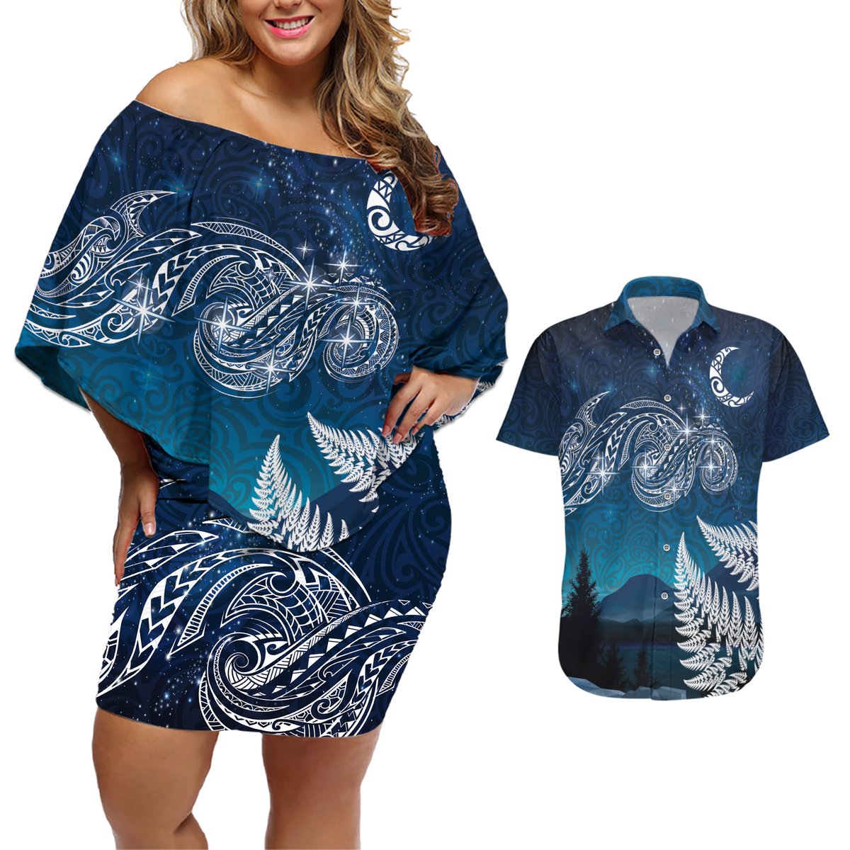 New Zealand Matariki Couples Matching Off Shoulder Short Dress and Hawaiian Shirt Starry Night Style LT7 Navy - Polynesian Pride