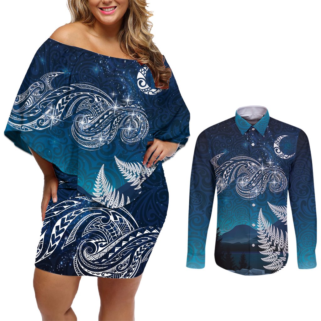 New Zealand Matariki Couples Matching Off Shoulder Short Dress and Long Sleeve Button Shirt Starry Night Style LT7 Navy - Polynesian Pride