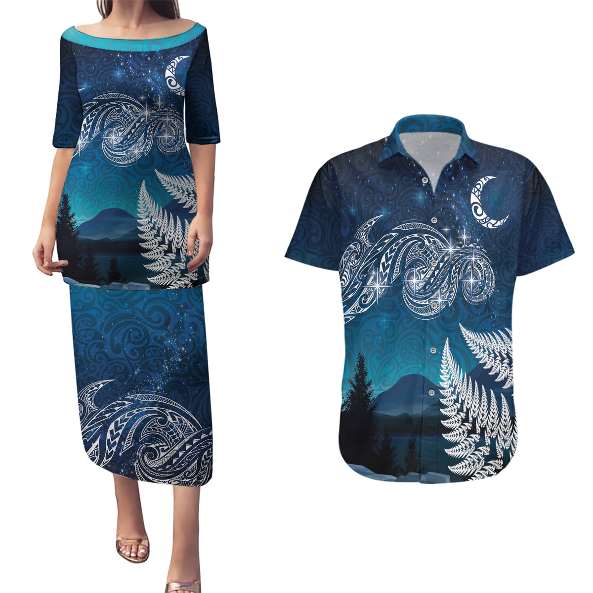 New Zealand Matariki Couples Matching Puletasi and Hawaiian Shirt Starry Night Style LT7 Navy - Polynesian Pride