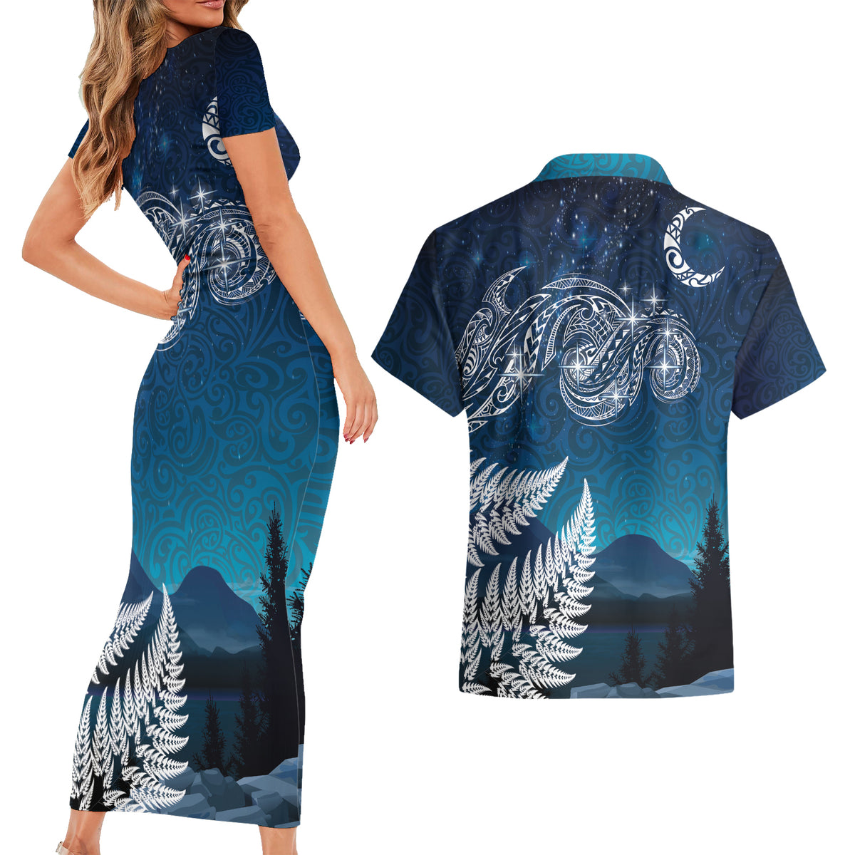 New Zealand Matariki Couples Matching Short Sleeve Bodycon Dress and Hawaiian Shirt Starry Night Style