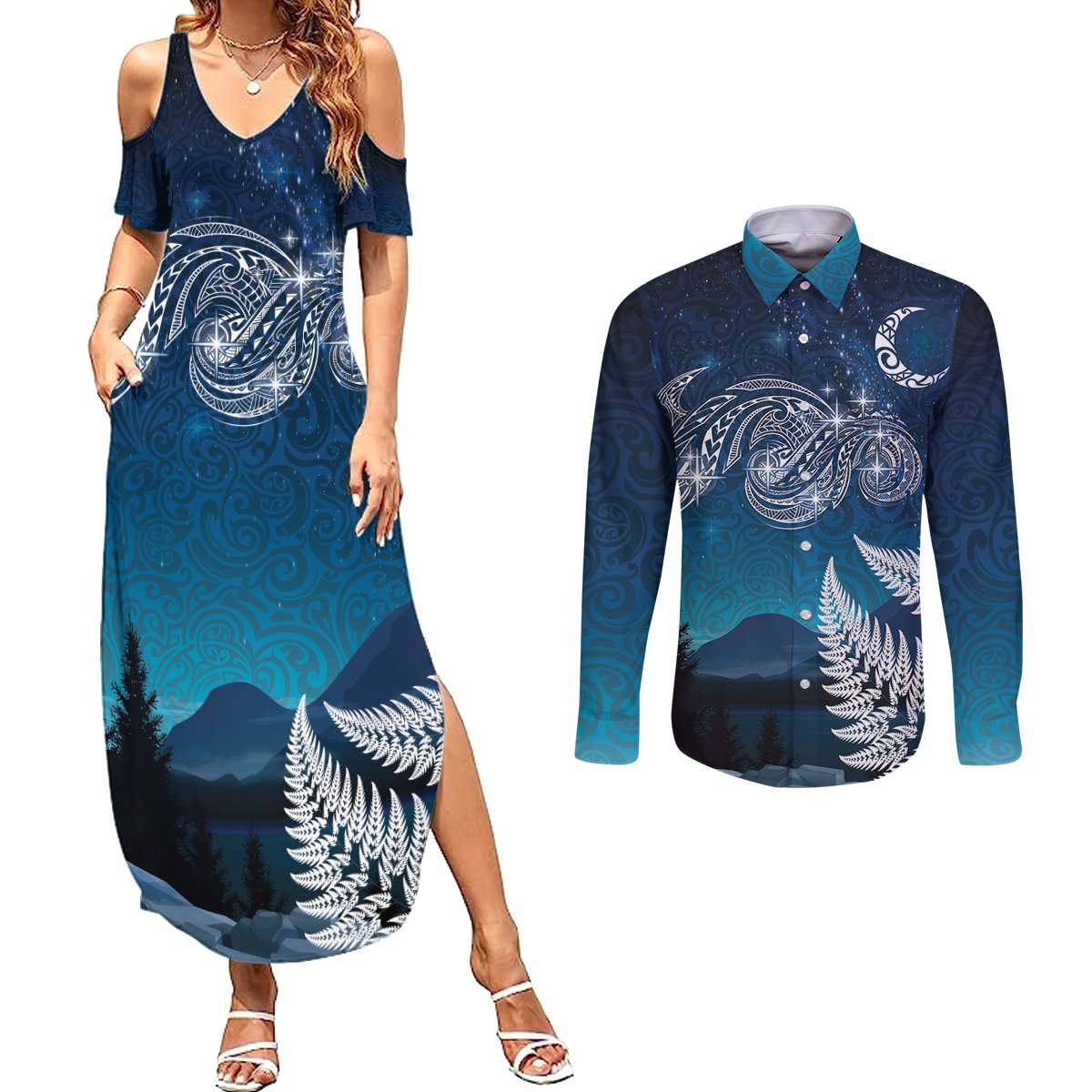 New Zealand Matariki Couples Matching Summer Maxi Dress and Long Sleeve Button Shirt Starry Night Style LT7 Navy - Polynesian Pride