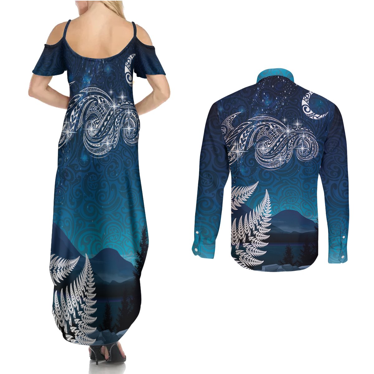 New Zealand Matariki Couples Matching Summer Maxi Dress and Long Sleeve Button Shirt Starry Night Style LT7 - Polynesian Pride