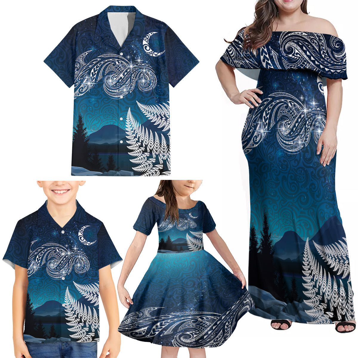 New Zealand Matariki Family Matching Off Shoulder Maxi Dress and Hawaiian Shirt Starry Night Style LT7 - Polynesian Pride