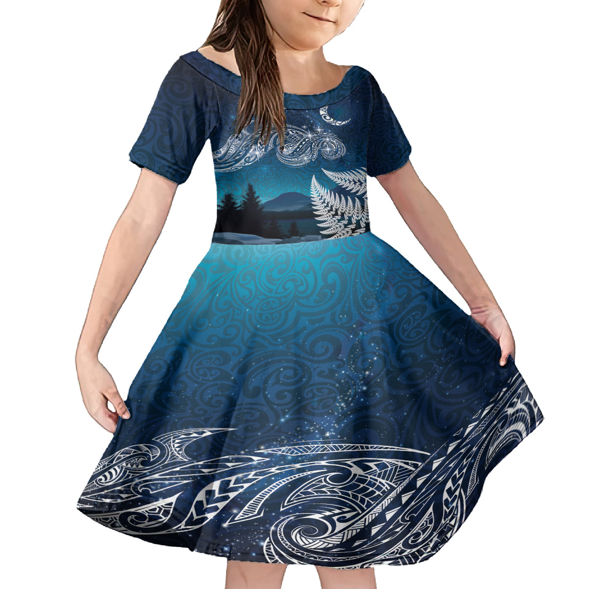 New Zealand Matariki Family Matching Tank Maxi Dress and Hawaiian Shirt Starry Night Style LT7 Daughter's Dress Navy - Polynesian Pride