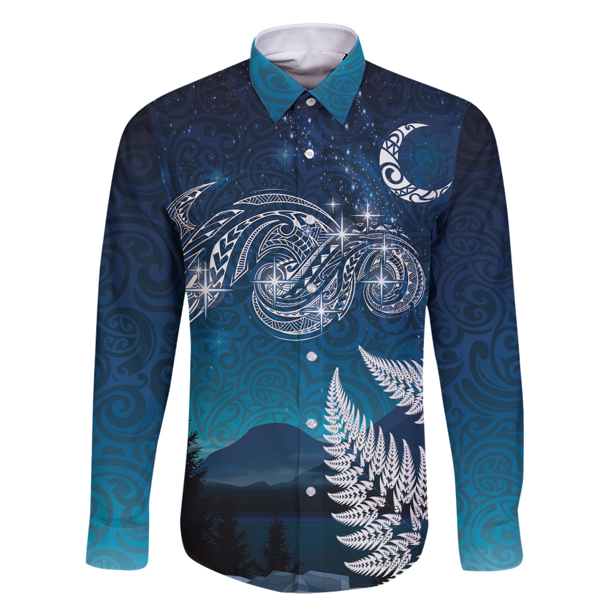 New Zealand Matariki Family Matching Tank Maxi Dress and Hawaiian Shirt Starry Night Style LT7 Dad's Shirt - Long Sleeve Navy - Polynesian Pride