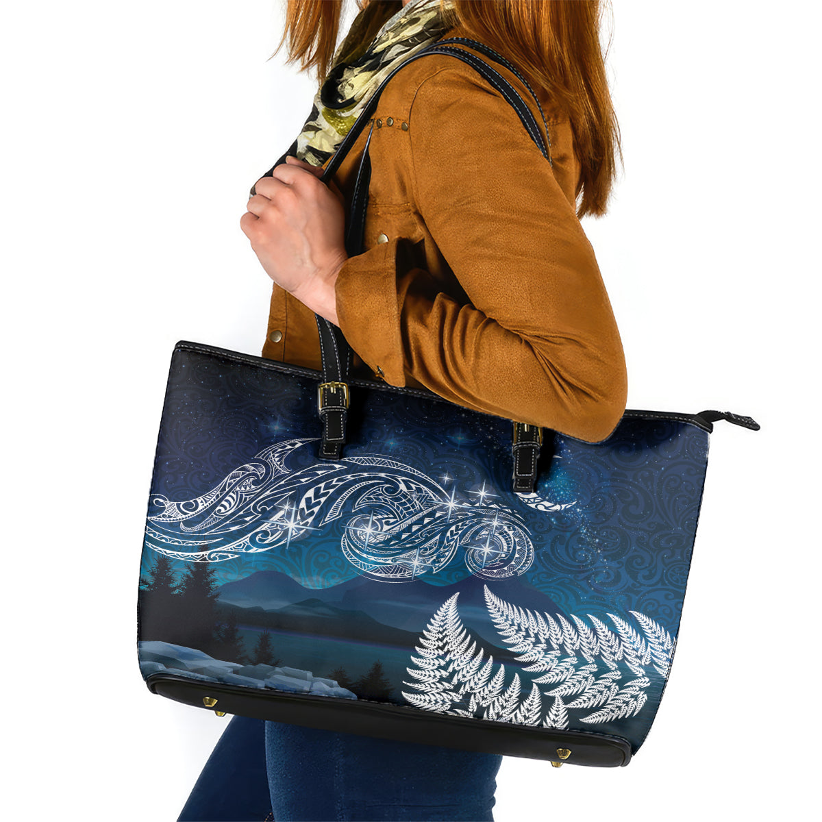 New Zealand Matariki Leather Tote Bag Starry Night Style LT7 Navy - Polynesian Pride