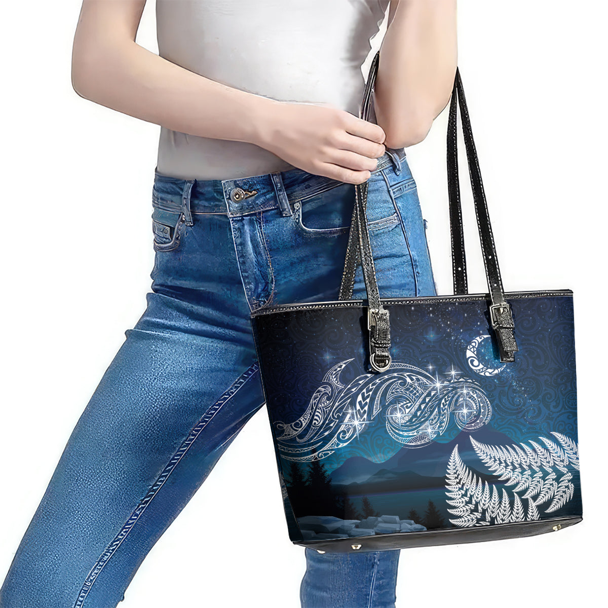 New Zealand Matariki Leather Tote Bag Starry Night Style LT7 - Polynesian Pride