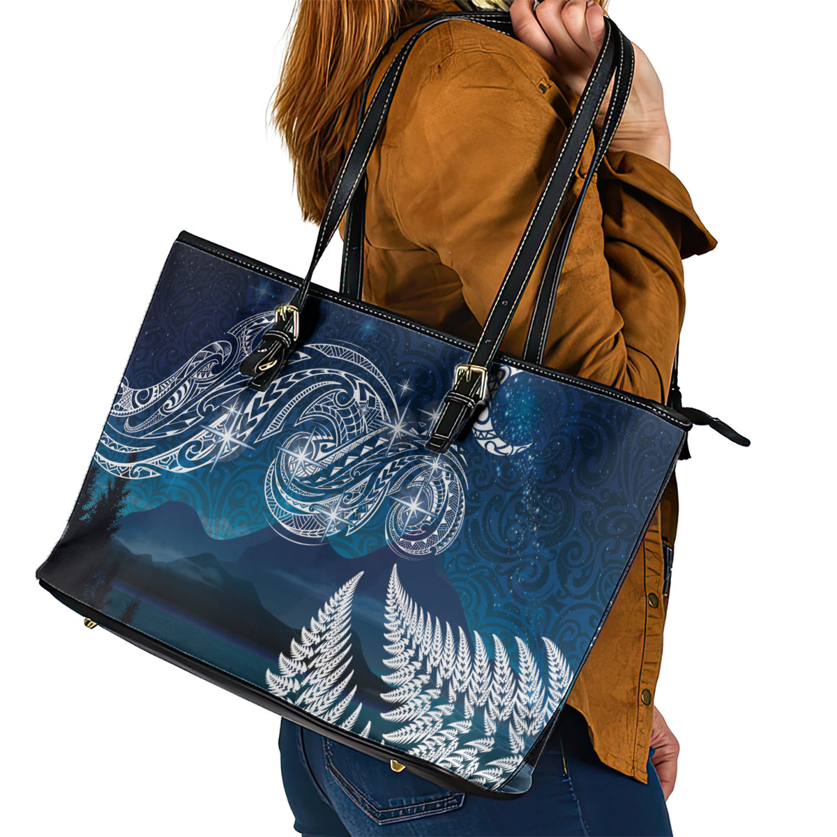 New Zealand Matariki Leather Tote Bag Starry Night Style LT7 - Polynesian Pride