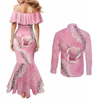 Hawaii Maui Island Flowers Lei Couples Matching Mermaid Dress and Long Sleeve Button Shirt Lokelani Rose Pink