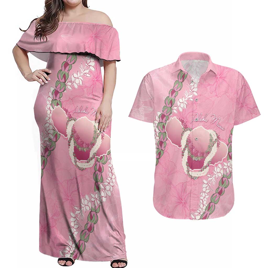 Hawaii Maui Island Flowers Lei Couples Matching Off Shoulder Maxi Dress and Hawaiian Shirt Lokelani Rose Pink