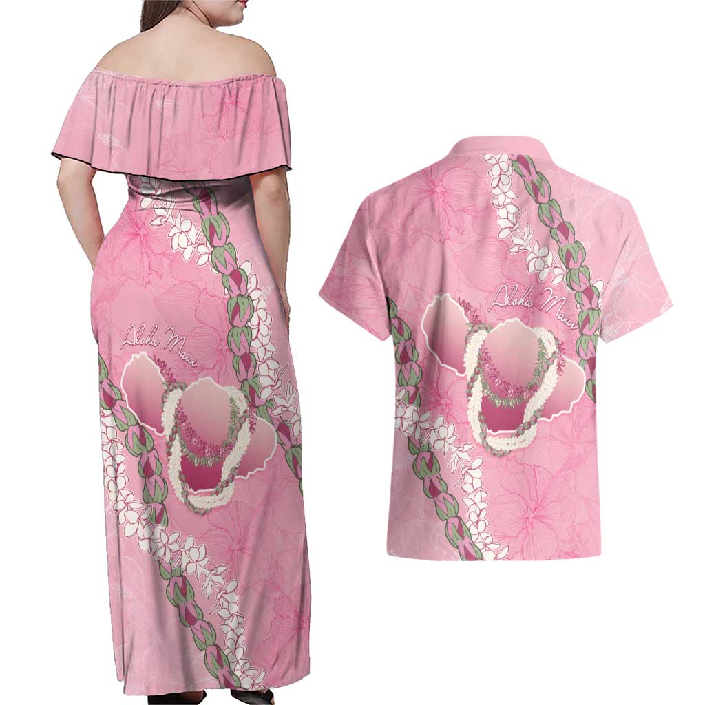 Hawaii Maui Island Flowers Lei Couples Matching Off Shoulder Maxi Dress and Hawaiian Shirt Lokelani Rose Pink