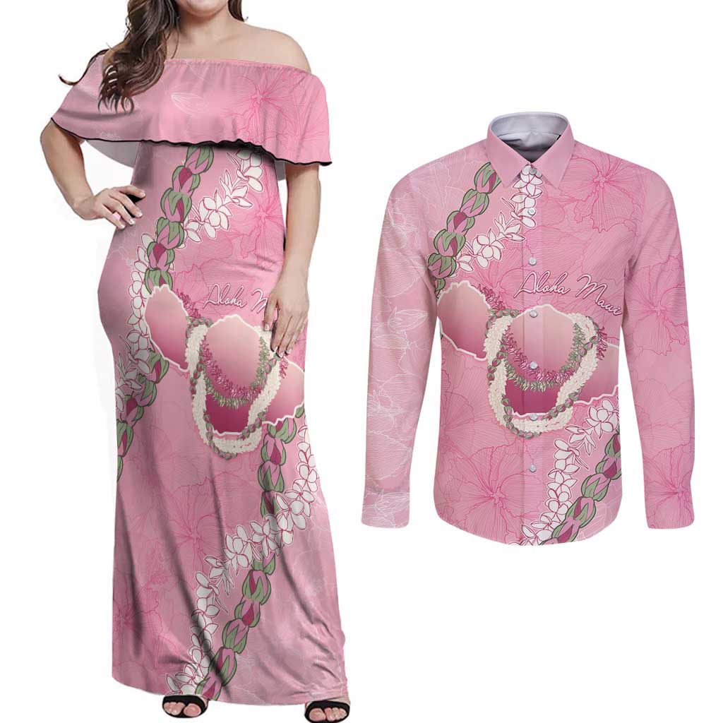 Hawaii Maui Island Flowers Lei Couples Matching Off Shoulder Maxi Dress and Long Sleeve Button Shirt Lokelani Rose Pink LT7 Pink - Polynesian Pride