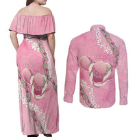Hawaii Maui Island Flowers Lei Couples Matching Off Shoulder Maxi Dress and Long Sleeve Button Shirt Lokelani Rose Pink LT7 - Polynesian Pride