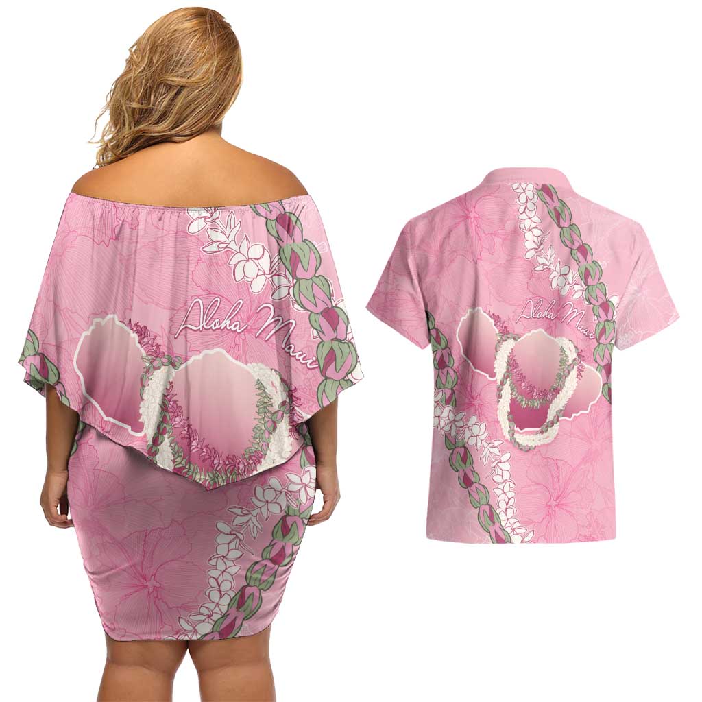 Hawaii Maui Island Flowers Lei Couples Matching Off Shoulder Short Dress and Hawaiian Shirt Lokelani Rose Pink