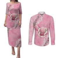 Hawaii Maui Island Flowers Lei Couples Matching Puletasi and Long Sleeve Button Shirt Lokelani Rose Pink LT7 Pink - Polynesian Pride