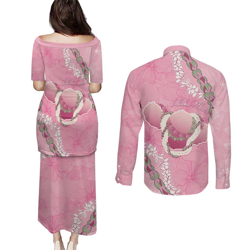 Hawaii Maui Island Flowers Lei Couples Matching Puletasi and Long Sleeve Button Shirt Lokelani Rose Pink LT7 - Polynesian Pride