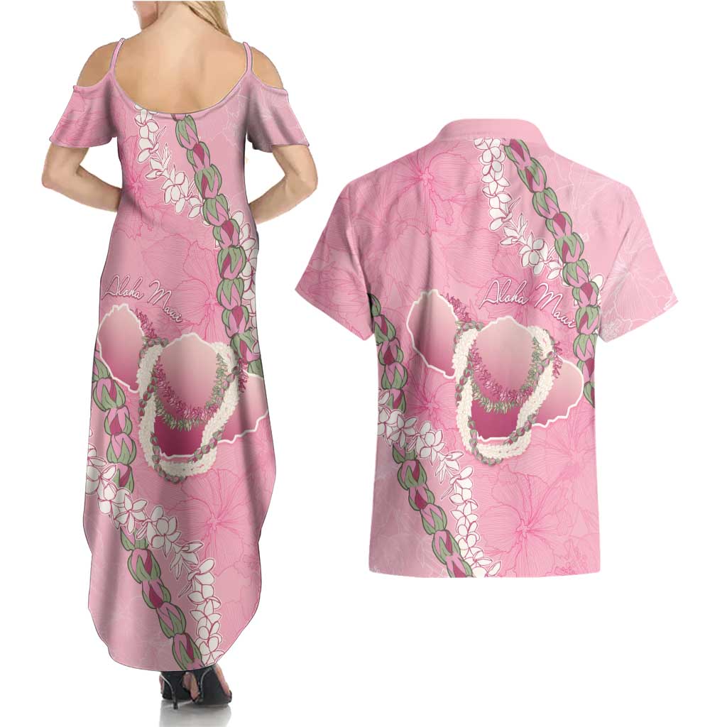 Hawaii Maui Island Flowers Lei Couples Matching Summer Maxi Dress and Hawaiian Shirt Lokelani Rose Pink