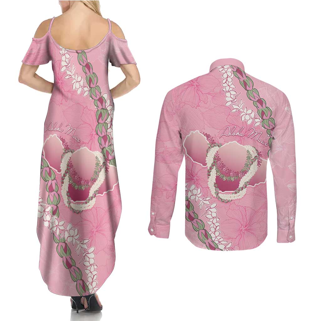 Hawaii Maui Island Flowers Lei Couples Matching Summer Maxi Dress and Long Sleeve Button Shirt Lokelani Rose Pink LT7 - Polynesian Pride
