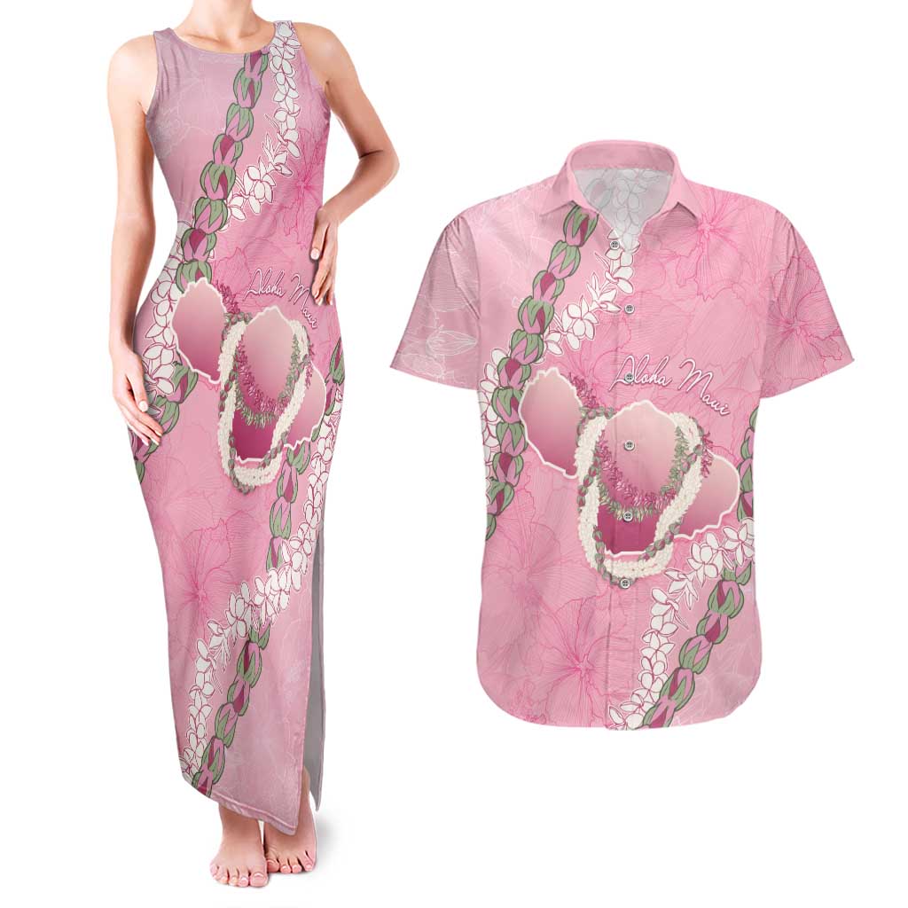 Hawaii Maui Island Flowers Lei Couples Matching Tank Maxi Dress and Hawaiian Shirt Lokelani Rose Pink