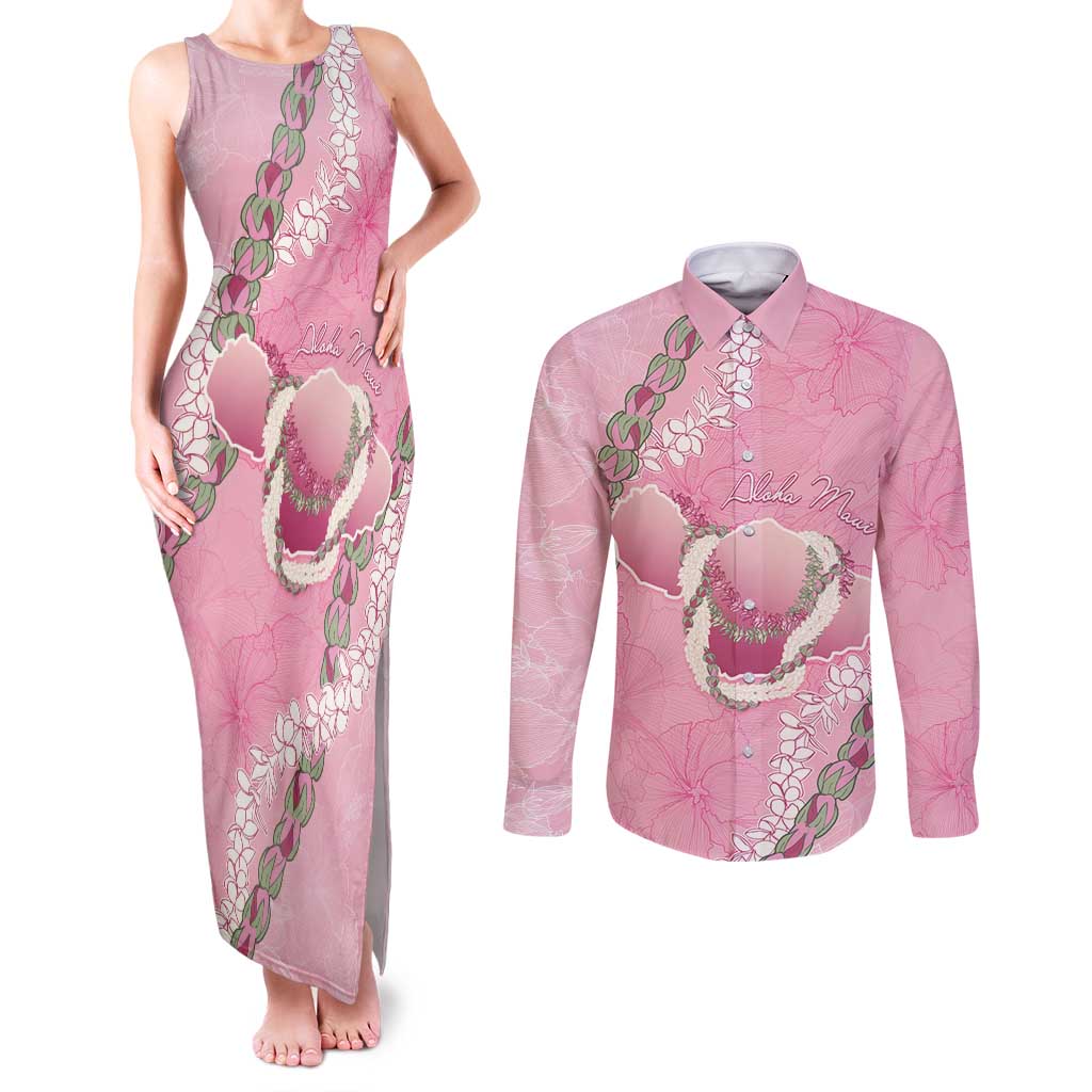 Hawaii Maui Island Flowers Lei Couples Matching Tank Maxi Dress and Long Sleeve Button Shirt Lokelani Rose Pink