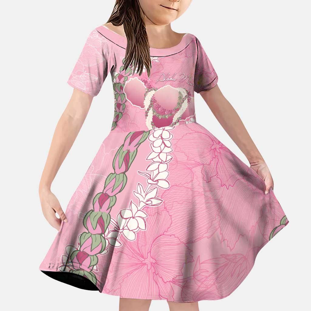 Hawaii Maui Island Flowers Lei Family Matching Off The Shoulder Long Sleeve Dress and Hawaiian Shirt Lokelani Rose Pink LT7 Daughter's Dress Pink - Polynesian Pride